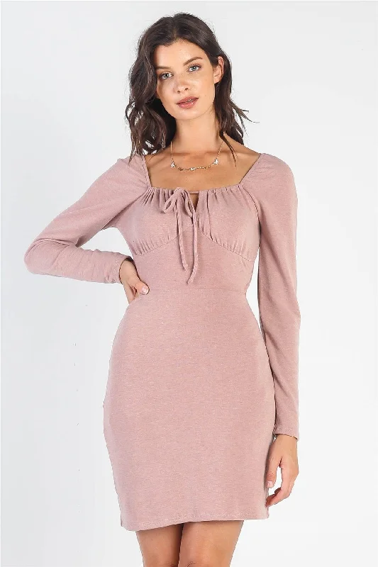 Dusty-Mauve Bust Self-Tie Cut-Out Long Sleeve Mini Dress /3-2-1 Fashionable Polka Dot Mini Dress