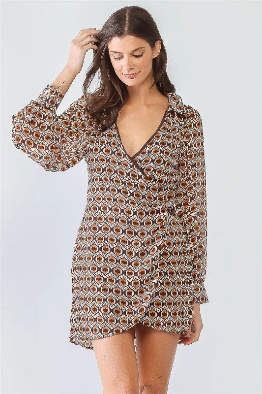 Retro Printed Wrap Self-Tie Long Sleeve Mini Dress Comfortable Boho Mini Dress