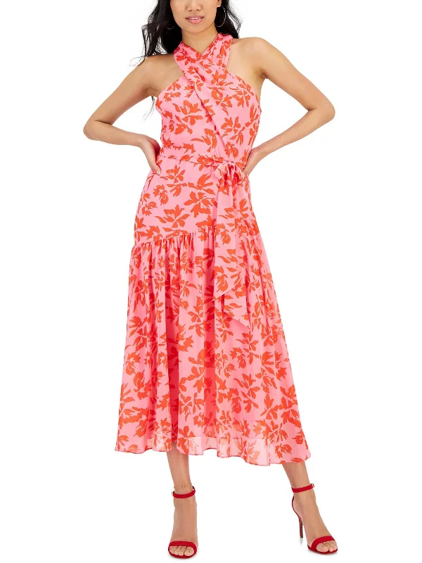 Womens Chiffon Floral Print Midi Dress Trendy Bodycon Midi Dress