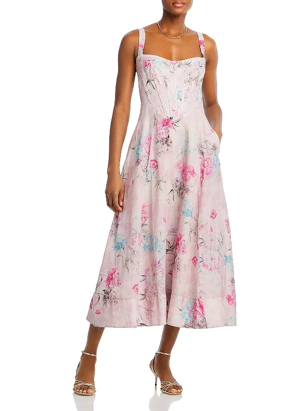 Womens Corset Top Floral Print Midi Dress Comfortable Adjustable Strap Midi Dress