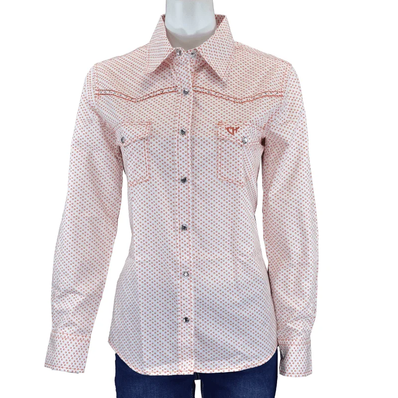 Women's Cowgirl Hardware Coral and White Donut Long Sleeve Western Shirt Elegant Lace Short Sleeve Women's Cowgirl Hardware Coral and White Donut Long Sleeve Western Shirt Elegant Lace Short Sleeve