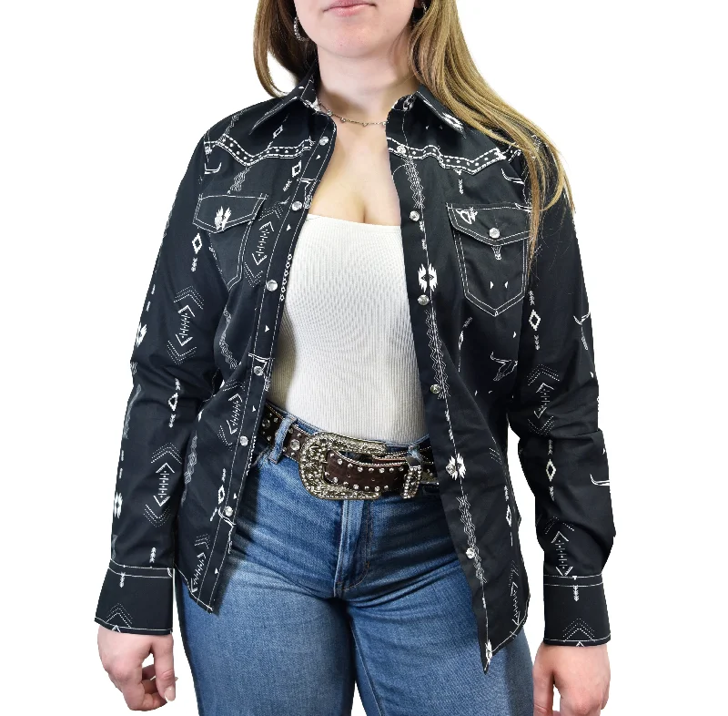 Women's Cowgirl Hardwarel Black & White Skull Aztec Long Sleeve Western Shirt Cozy Plain Short Sleeve Women's Cowgirl Hardwarel Black & White Skull Aztec Long Sleeve Western Shirt Cozy Plain Short Sleeve