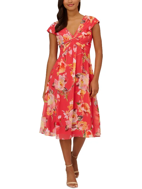 Womens Floral Print Polyester Midi Dress Stylish Long Sleeve Floral Midi Dress