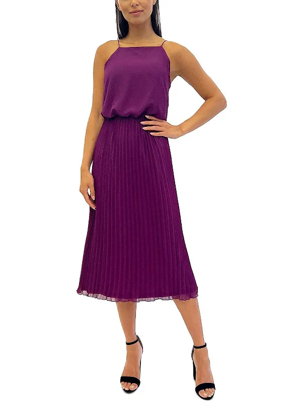 Womens Sleeveless Polyester Midi Dress Elegant Pleated Detail Midi Dress