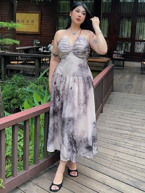 Yuna Plus Size Grey Tie Dye V-Neck Spaghetti Strap Halter Long Midi Dress Comfortable Floral Print Midi Dress