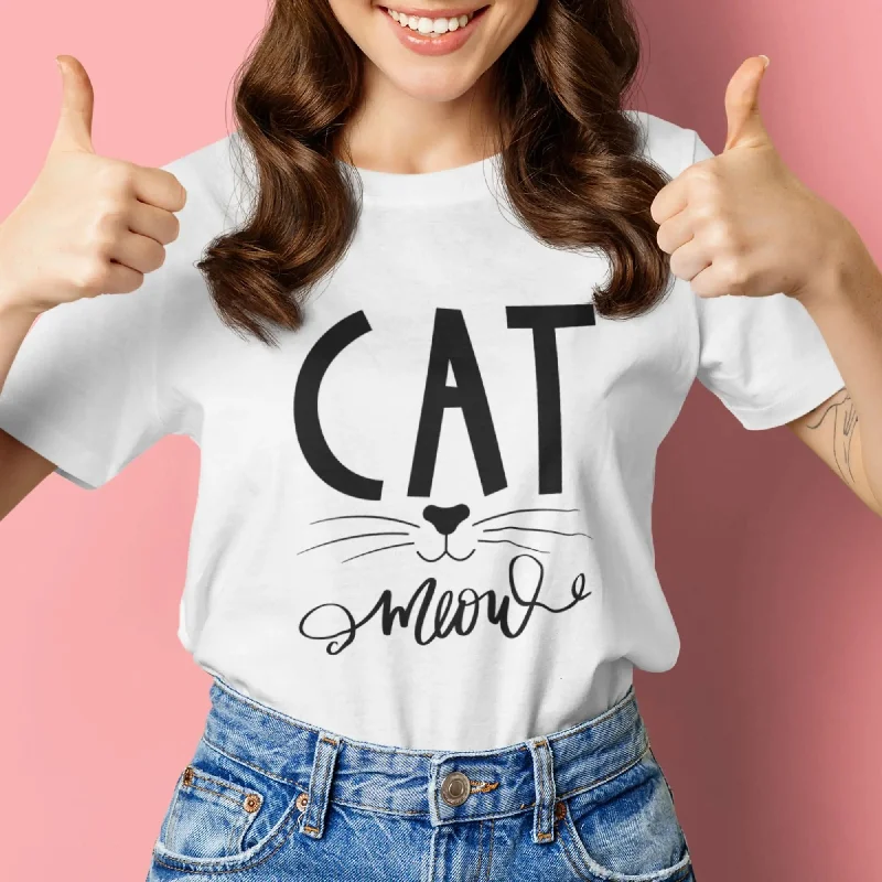 Cat Meow Round Neck Half Sleeve Classic T-Shirt Houndstooth Herringbone Solid