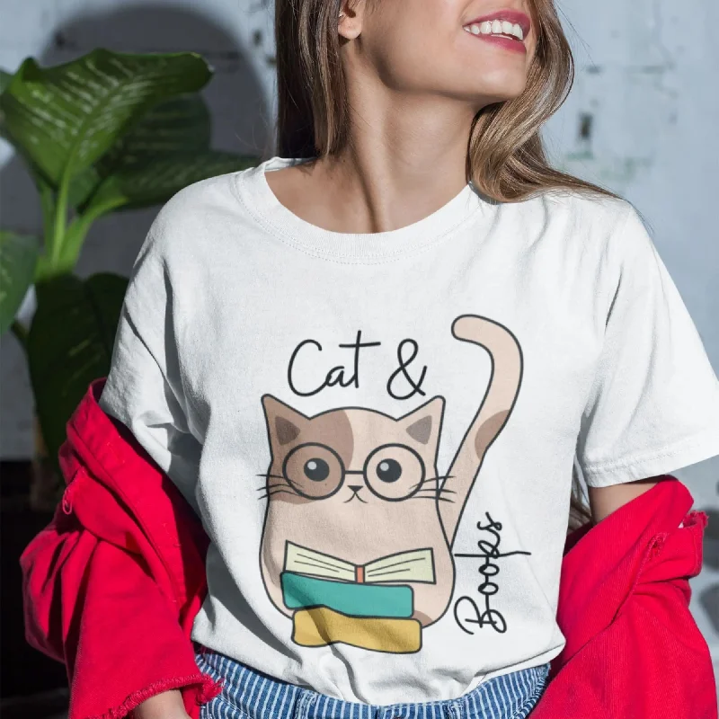 Cat & Books Round Neck Half Sleeve Classic T-Shirt Zippered Front Buttoned Front Snap Front