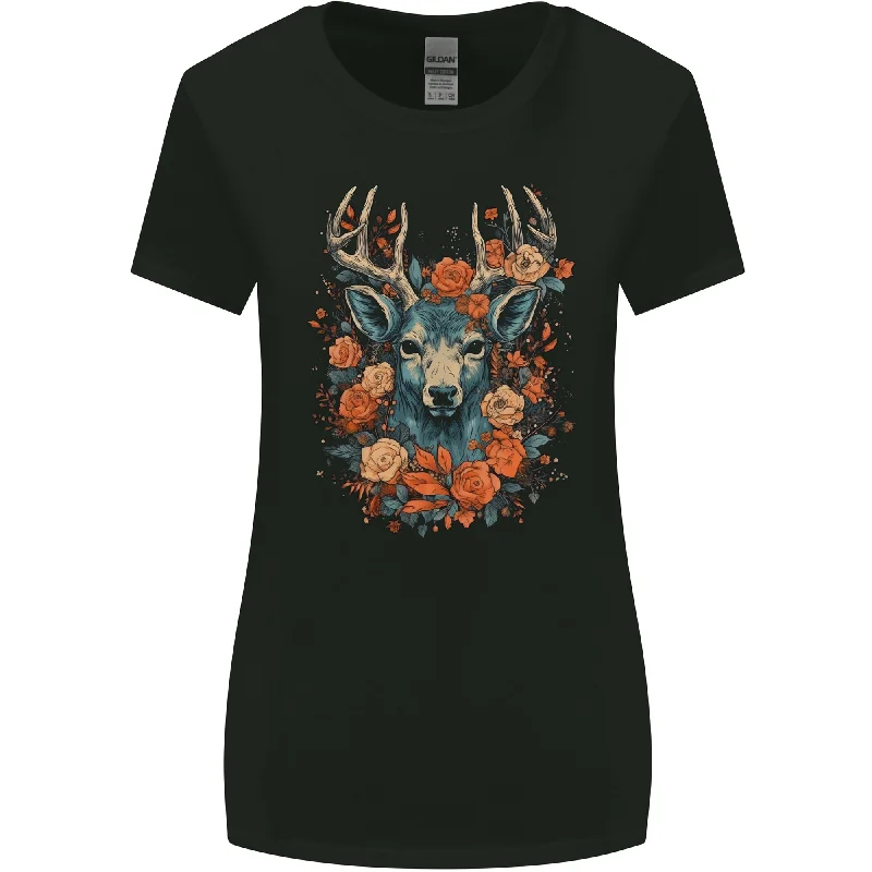 A Fantasy Deer With Flowers Womens Wider Cut T-Shirt Mesh Blend Leather Blend Suede Blend A Fantasy Deer With Flowers Womens Wider Cut T-Shirt Mesh Blend Leather Blend Suede Blend