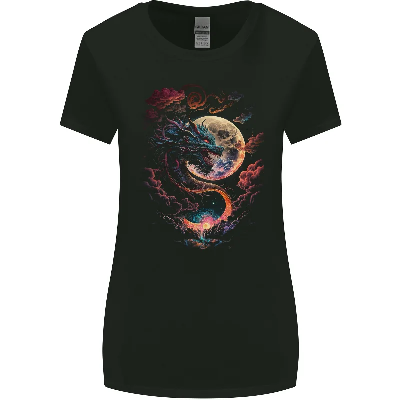 A Fantasy Dragon With a Full Moon Womens Wider Cut T-Shirt Ribbed T-Shirt High Neck Heavyweight A Fantasy Dragon With a Full Moon Womens Wider Cut T-Shirt Ribbed T-Shirt High Neck Heavyweight