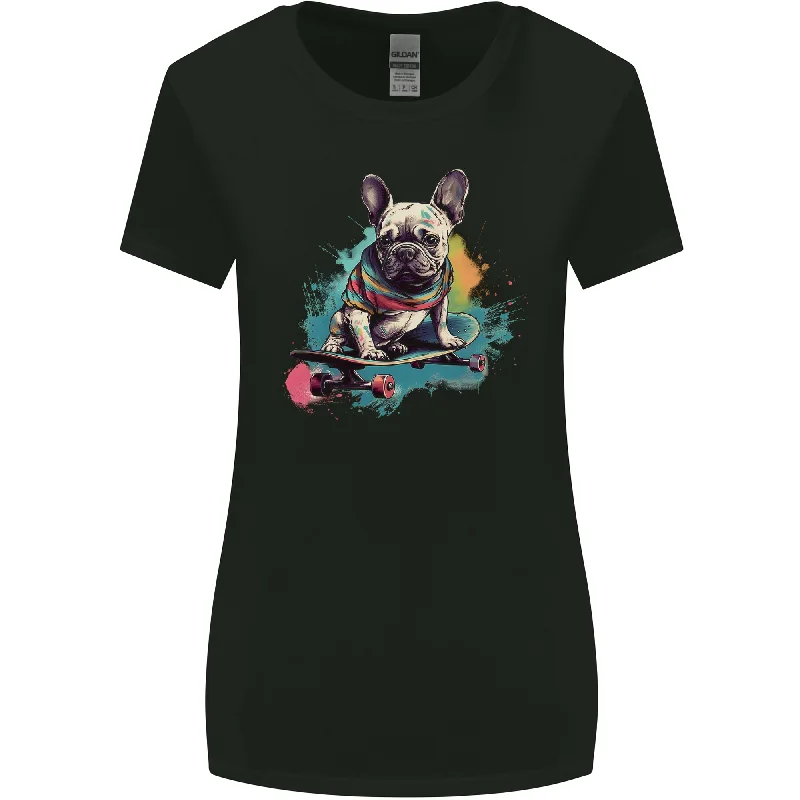 A French Bulldog on a Skateboard Womens Wider Cut T-Shirt V-Neck T-Shirt Long Sleeve Cotton A French Bulldog on a Skateboard Womens Wider Cut T-Shirt V-Neck T-Shirt Long Sleeve Cotton