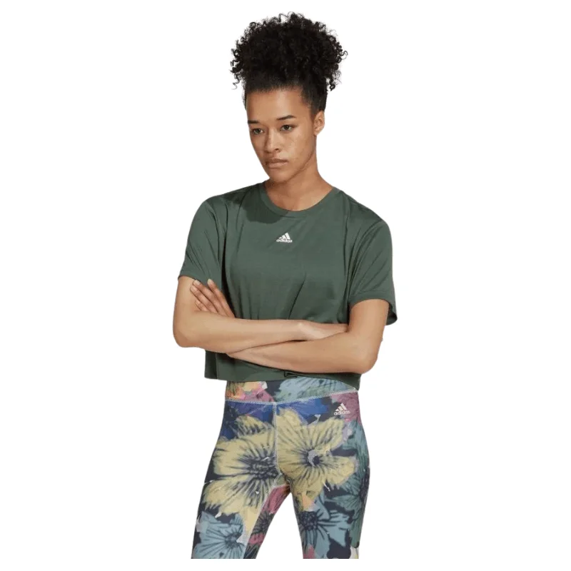 Adidas Women's Training Crop Studio T-Shirt- Green Mesh Canvas Denim