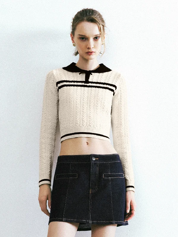 Bow Décor Knitted T-Shirt Elasticated Padded Insulated