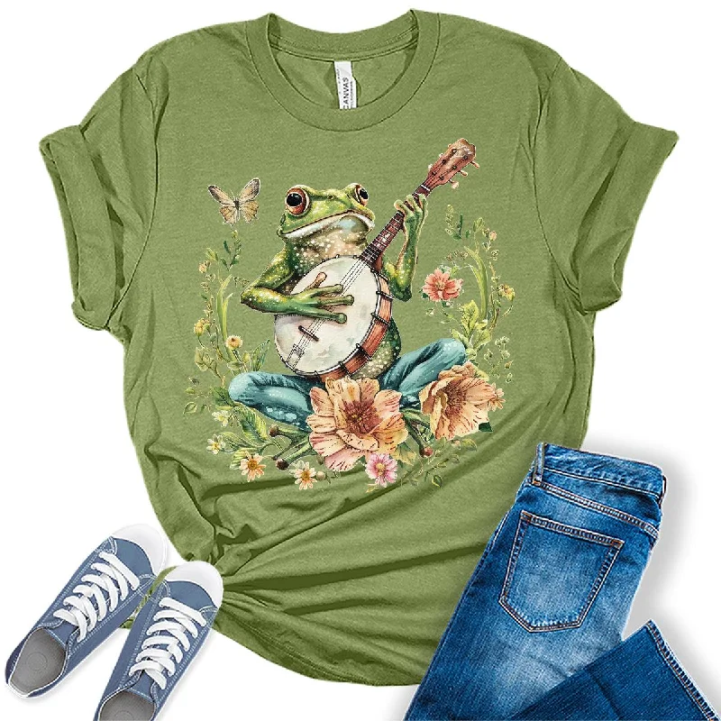 Cottagecore Aesthetic Frog With Banjo Womens Graphic Tees Wool Fabric Cashmere Fabric Tweed Fabric