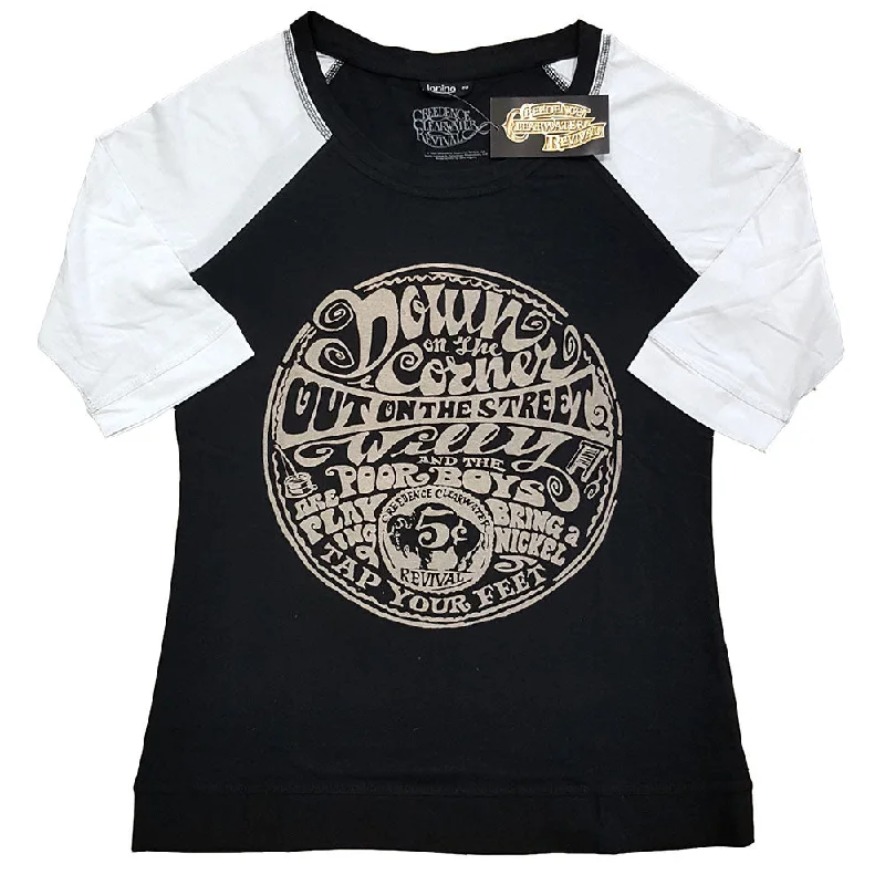 Creedence Clearwater Revival Ladies Raglan T-Shirt: Down On The Corner Print Jacquard Patchwork