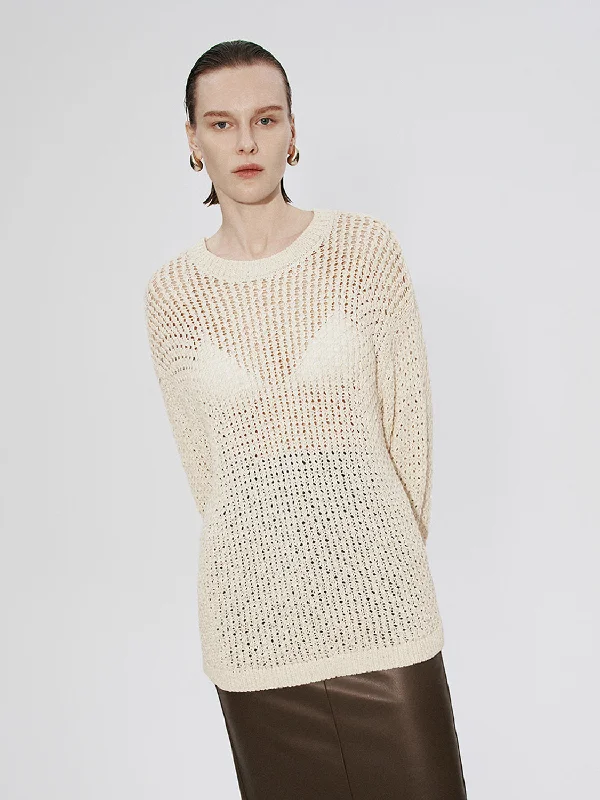 Crew Neck Oversized Knitted T-Shirt Mesh Blend Leather Blend Suede Blend