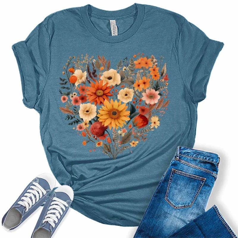 Fall Floral Heart Women's Graphic Tee Collared Crew Neck Turtle Neck