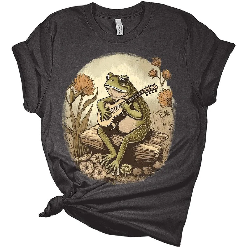 Womens Frog Shirt Cute Frog Playing Guitar Cottagecore T-Shirt Casual Graphic Tee Short Sleeve Top Striped Floral Plaid