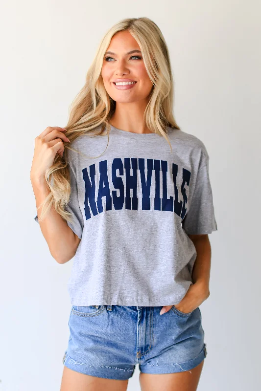 Heather Grey Nashville Cropped Tee V-Neck T-Shirt Long Sleeve Cotton