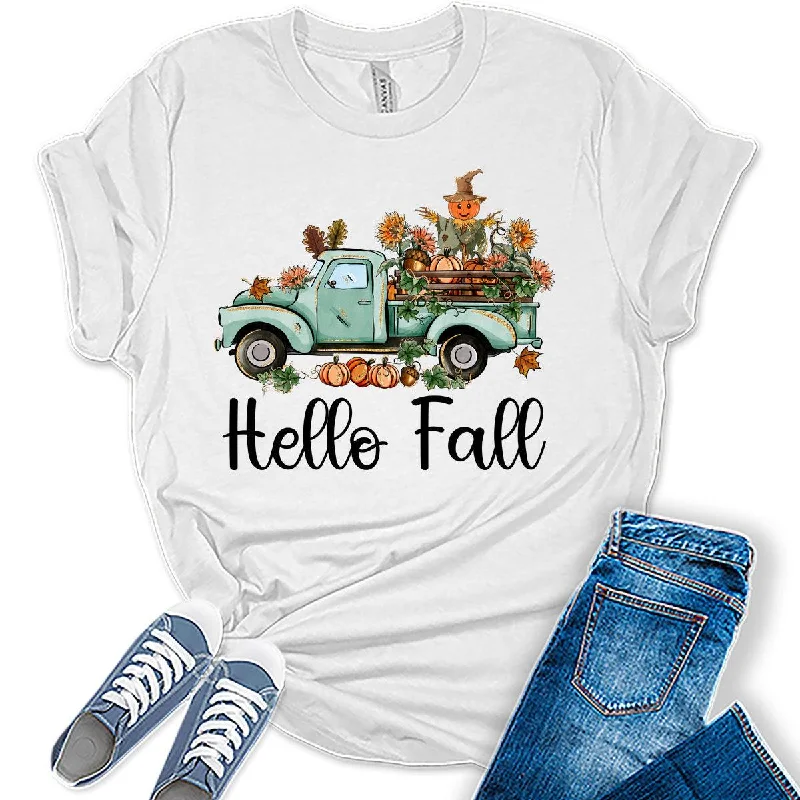 Hello Fall T-Shirt Womens Graphic Tees Vintage Fall Shirts Western Girls Vintage Halloween Thanksgiving Tops Front Pockets Side Pockets Patch Pockets