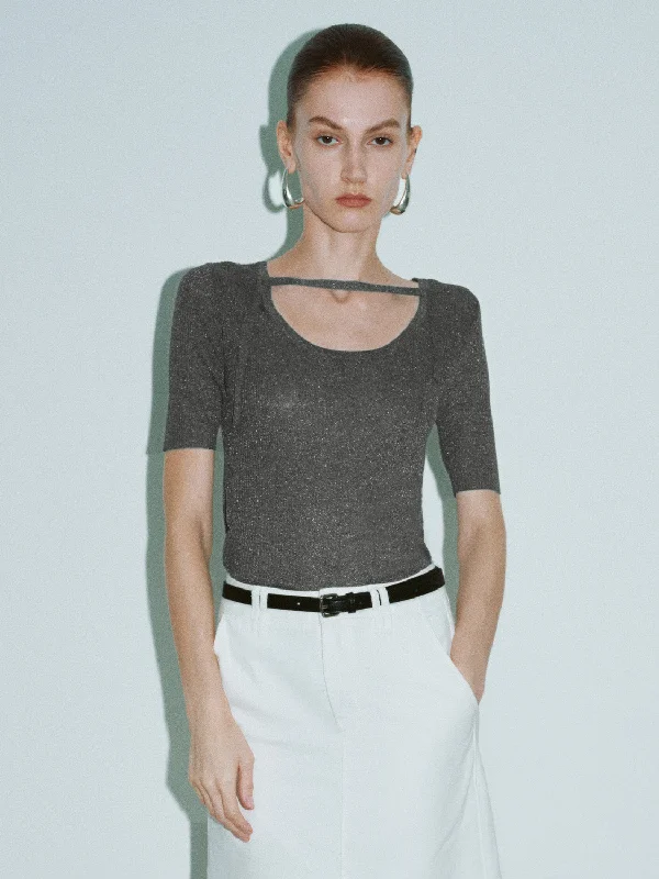 Keyhole Neck Skinny Knitted T-Shirt Denim Fabric Leather Fabric Suede Fabric