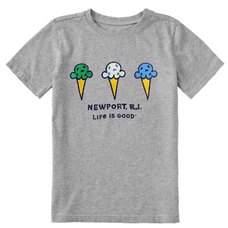 Life is Good. Kid's Ice Cream Cones Newport RI Crusher Tee, Heather Gray Satin Fabric Silk Fabric Chiffon Fabric