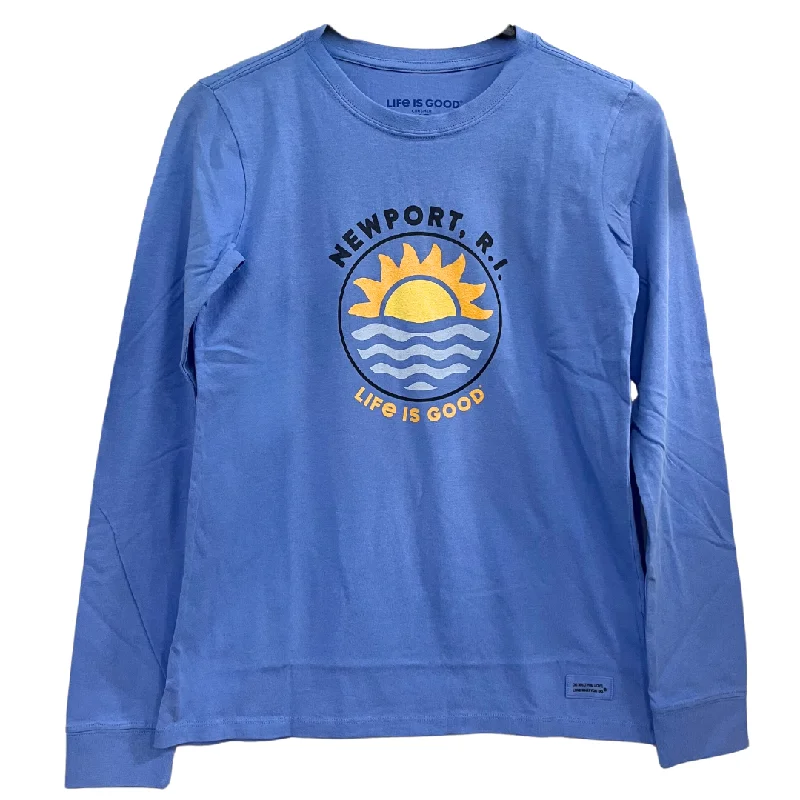 Life is Good. Women's Newport Let it Shine Long Sleeve Crusher Tee, Cornflower Blue Layered Multi-layer Single Layer