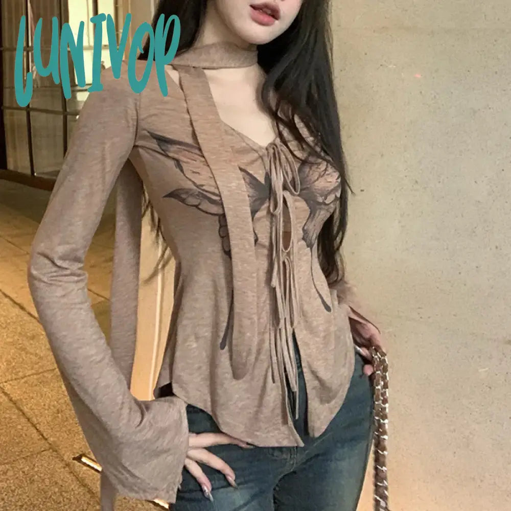Lunivop 2024 Autumn for Women Crop Tops Vintage Korean Retro High Street Butterfly Print Bandage T-Shirt Streetwear Tee Shirt Elasticated Padded Insulated Lunivop 2024 Autumn for Women Crop Tops Vintage Korean Retro High Street Butterfly Print Bandage T-Shirt Streetwear Tee Shirt Elasticated Padded Insulated