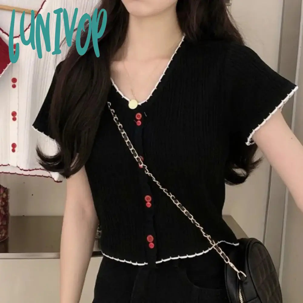 Lunivop Knitted Short Sleeve T-shirts Women Casual Button Patchwork Design Vintage Slim Crop Tops Summer V-neck Fashion Top Print Jacquard Patchwork Lunivop Knitted Short Sleeve T-shirts Women Casual Button Patchwork Design Vintage Slim Crop Tops Summer V-neck Fashion Top Print Jacquard Patchwork