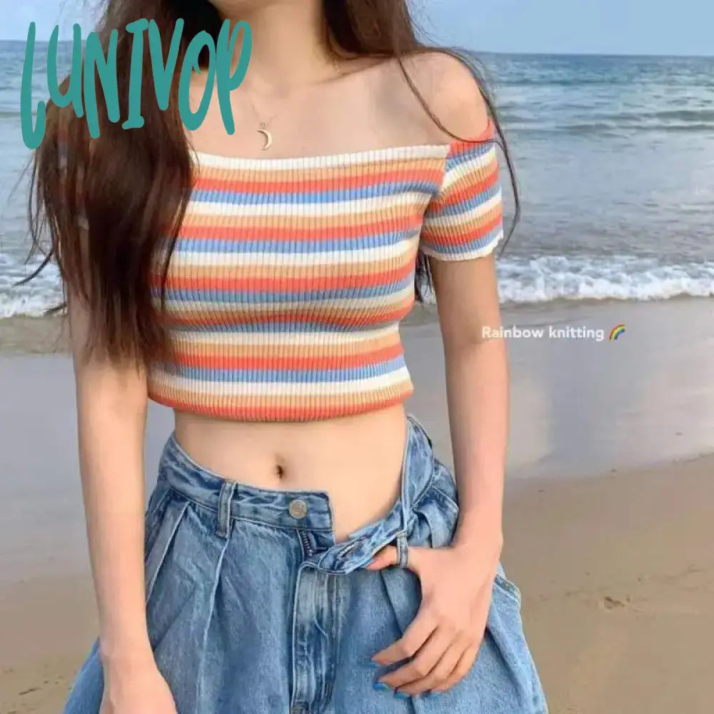 Lunivop Line-neck Striped Knit Ice Silk Off-shoulder Summer Slimming Women Short-sleeved Striped Outerwear Top Sexy Girls T-shirt Handmade Hand-knitted Hand-woven Lunivop Line-neck Striped Knit Ice Silk Off-shoulder Summer Slimming Women Short-sleeved Striped Outerwear Top Sexy Girls T-shirt Handmade Hand-knitted Hand-woven
