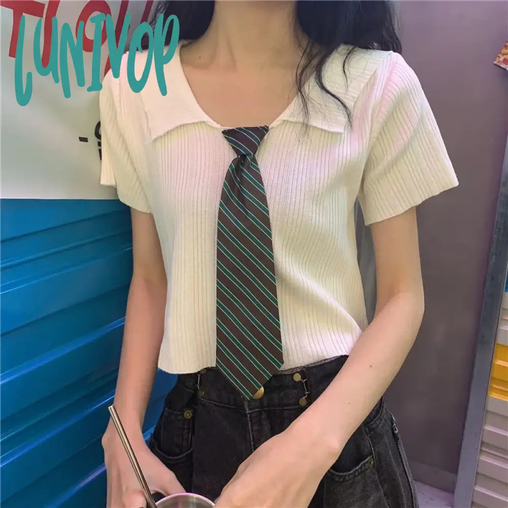 Lunivop Solid Color Casual Knitted T-shirt For Women Summer Temperament Lapel Short Sleeve Slimming Crop Top Chic Design Basic T-Shirt Crew Neck Short Sleeve Lunivop Solid Color Casual Knitted T-shirt For Women Summer Temperament Lapel Short Sleeve Slimming Crop Top Chic Design Basic T-Shirt Crew Neck Short Sleeve