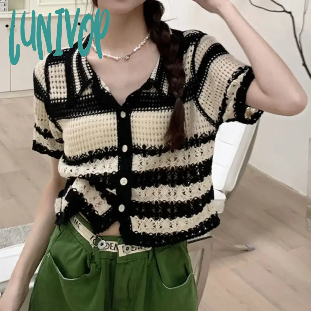 Lunivop Turn-down Collar Cardigan Sweater Women Knitted T-Shirt Spring Summer 2024 Loose Casual Short Sleeve Knitwear Tops Woman Tees Print Jacquard Patchwork Lunivop Turn-down Collar Cardigan Sweater Women Knitted T-Shirt Spring Summer 2024 Loose Casual Short Sleeve Knitwear Tops Woman Tees Print Jacquard Patchwork