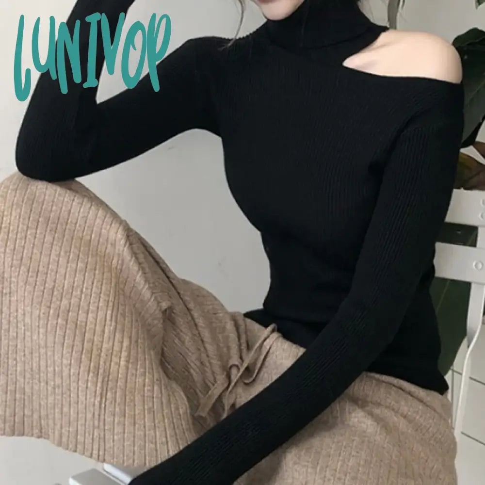 Lunivop Turtleneck Off Shoulder Long Sleeve T-shirt Women's Slim Sweater Autumn Korean Style Hollow Out Tops Notch Collar Peter Pan Collar Cowl Neck Lunivop Turtleneck Off Shoulder Long Sleeve T-shirt Women's Slim Sweater Autumn Korean Style Hollow Out Tops Notch Collar Peter Pan Collar Cowl Neck