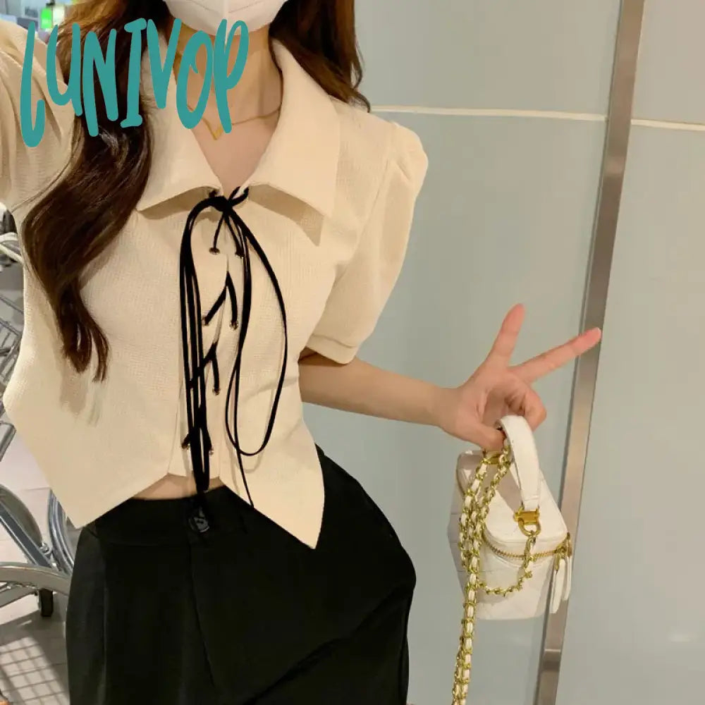 Lunivop Woman Sweet T-shirt Korean Fashion Turn-down Collar Chic Shirt Spring New Lace-Up Tops Puff Sleeve Crop Top Notch Collar Peter Pan Collar Cowl Neck Lunivop Woman Sweet T-shirt Korean Fashion Turn-down Collar Chic Shirt Spring New Lace-Up Tops Puff Sleeve Crop Top Notch Collar Peter Pan Collar Cowl Neck