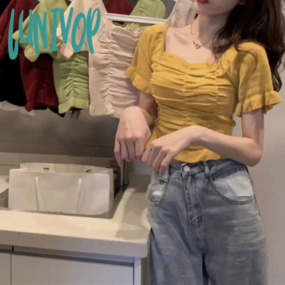 Lunivop Women T-shirt Short Sleeve Tshirt For Woman Square Collar Solid Color Pullover Top Spring Summer Folded Design Short Tops Print Jacquard Patchwork Lunivop Women T-shirt Short Sleeve Tshirt For Woman Square Collar Solid Color Pullover Top Spring Summer Folded Design Short Tops Print Jacquard Patchwork