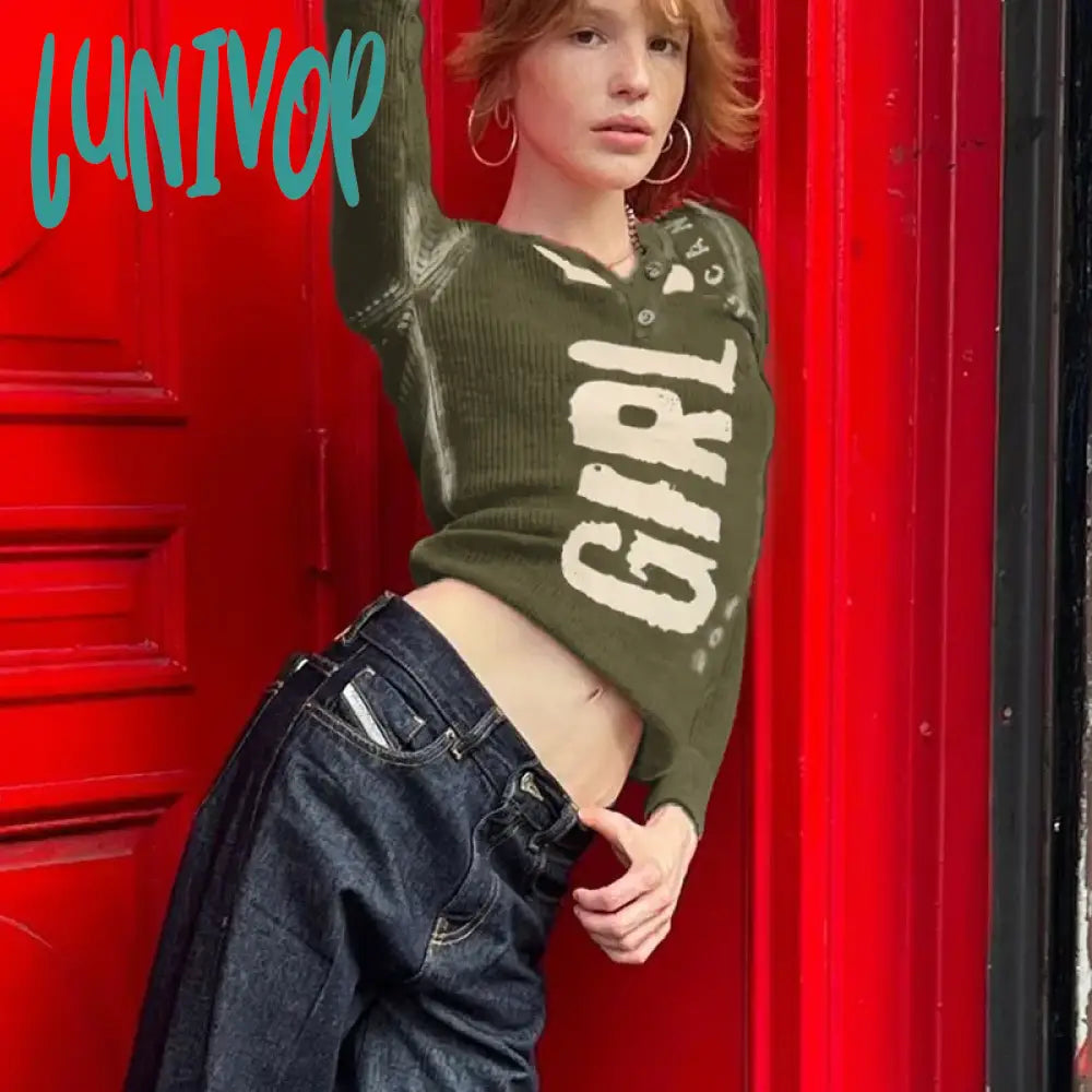 Lunivop Y2K Distressed Buttons Letter Printed Female T-shirt Spring Autumn Tops Harajuku Retro Graphic T Shirts Ropa De Mujer Collared T-Shirt Boat Neck A-Line Lunivop Y2K Distressed Buttons Letter Printed Female T-shirt Spring Autumn Tops Harajuku Retro Graphic T Shirts Ropa De Mujer Collared T-Shirt Boat Neck A-Line