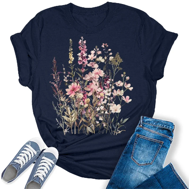 Natural Beautiful Wildflower Graphic Tees For Women Striped Floral Plaid