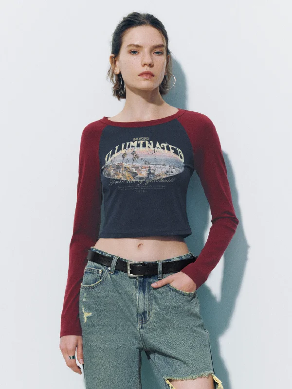 Printed Crew Neck Skinny T-Shirt Notch Collar Peter Pan Collar Cowl Neck