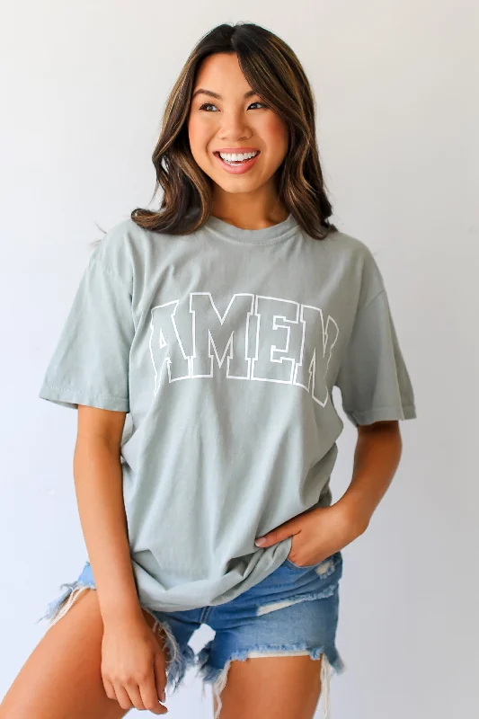 Sage Amen Tee V-Neck T-Shirt Long Sleeve Cotton