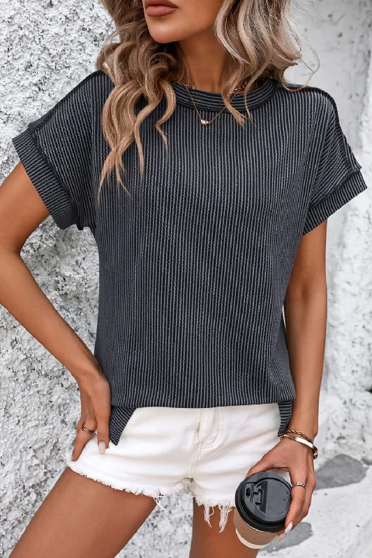 Striped Round Neck Short Sleeve T-Shirt Spandex Blend Rayon Blend Denim Blend