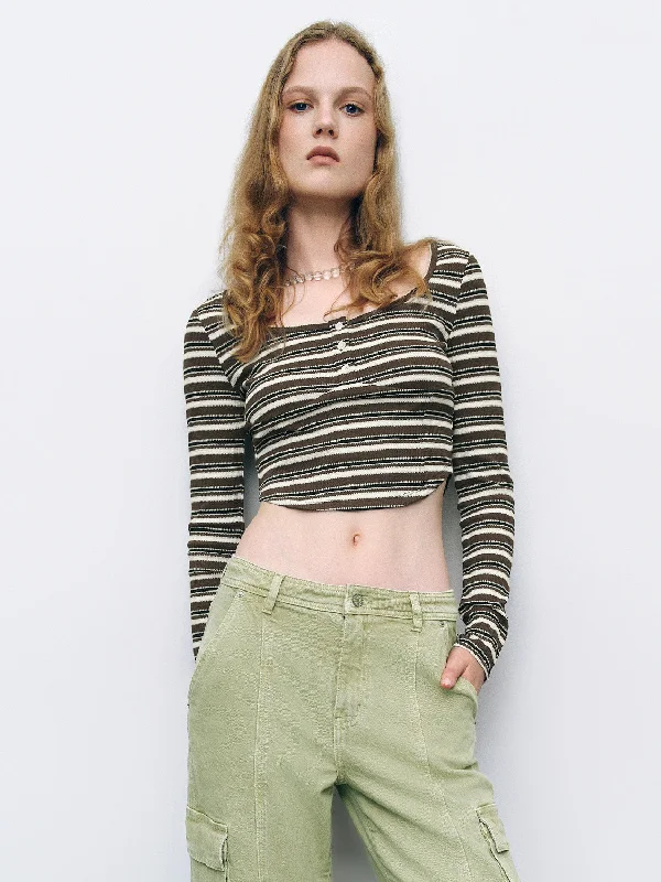 Striped U Neck Skinny T-Shirt Notch Collar Peter Pan Collar Cowl Neck