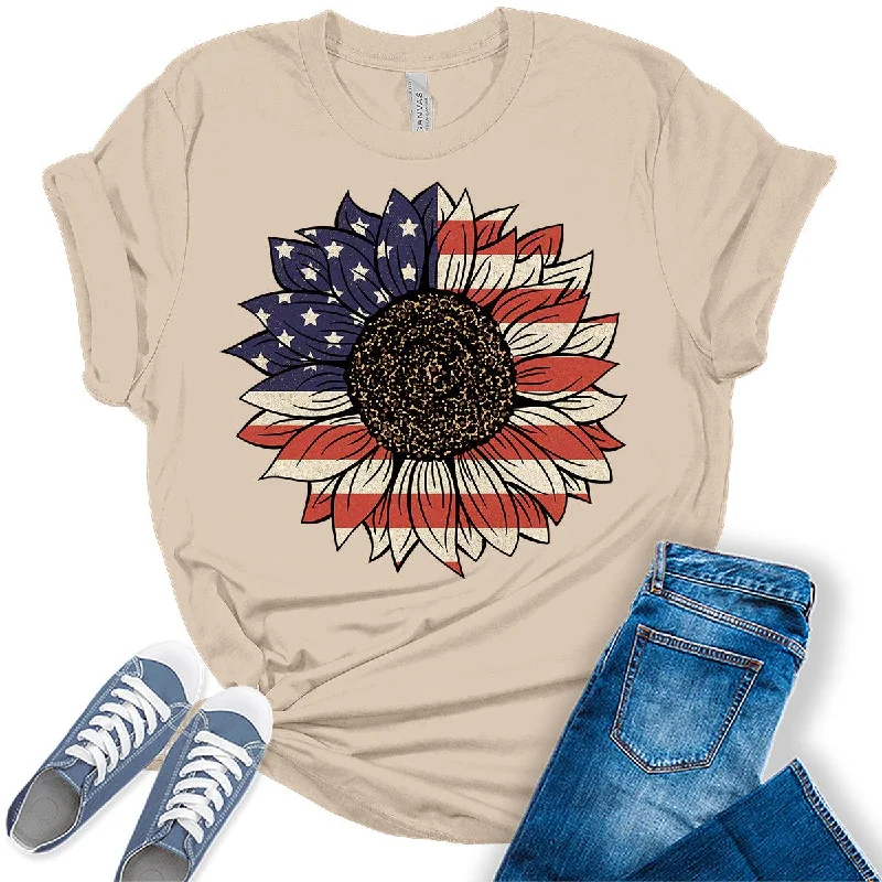 Sunflower American Flag Graphic Tees For Women Fitted T-Shirt Seamless Stretchy