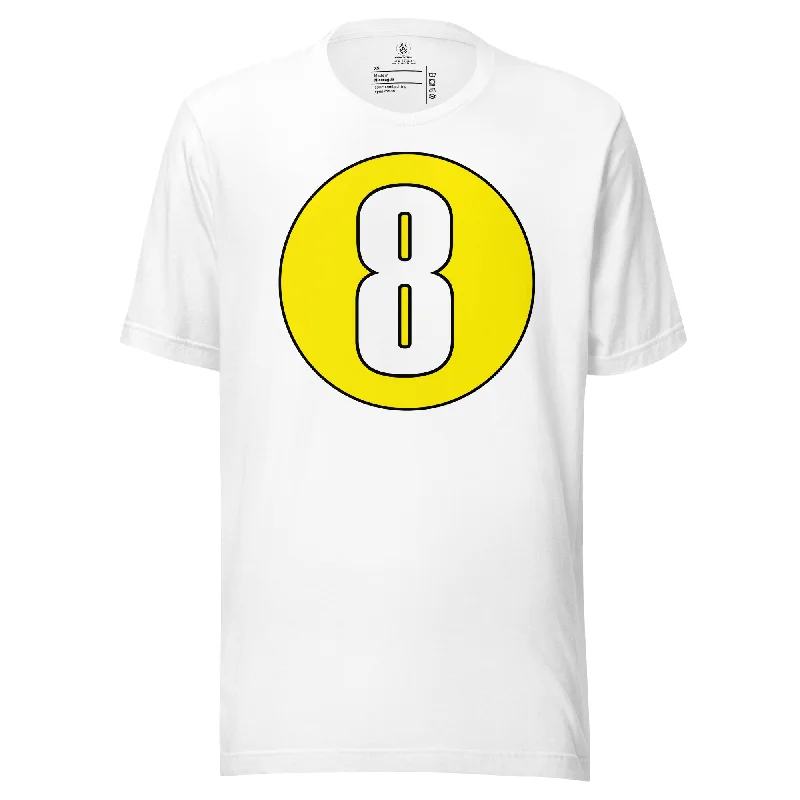 Unisex t-shirt: White on Yellow 8 Front Pockets Side Pockets Patch Pockets