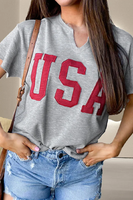 USA Notched Short Sleeve T-Shirt Layered Multi-layer Single Layer