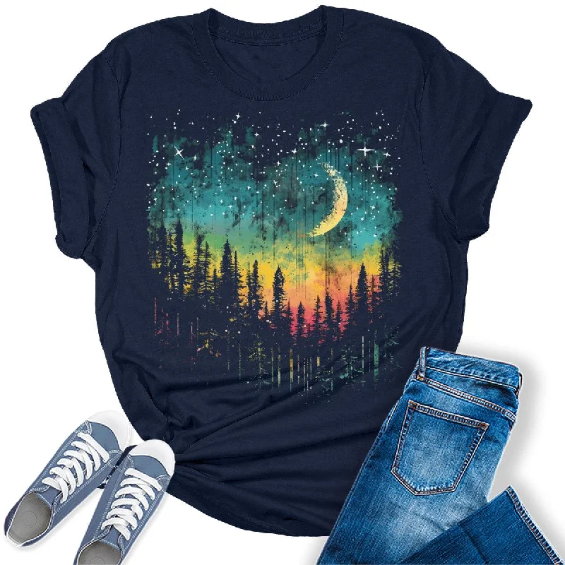 Women's Crescent Northern Lights Camping Forest Graphic Tees Basic T-Shirt Crew Neck Short Sleeve