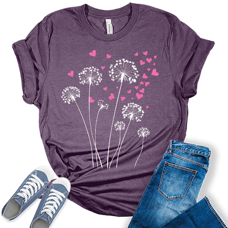 Womens Dandelion Heart T-Shirt Floral Summer Short Sleeve Graphic Tees Seamless Knitted Crochet