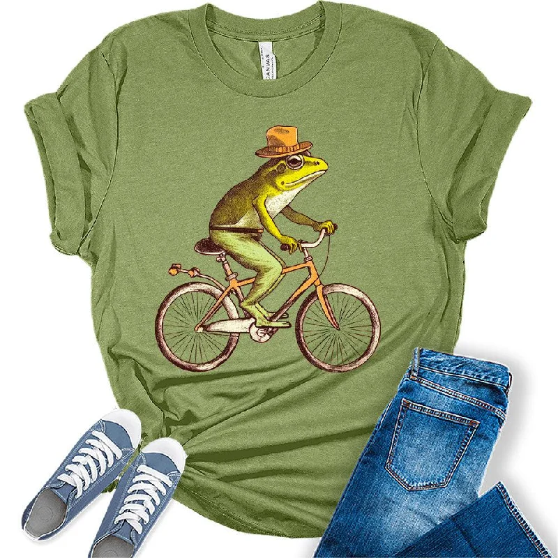 Womens Frog Shirt Cottagecore Aesthetic Frog Riding Bike With Hat T-Shirt Cute Short Sleeve Graphic Tees Plus Size Summer Tops Seamless Knitted Crochet