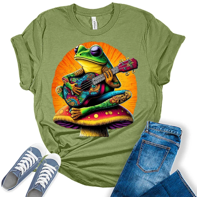 Womens Trippy Groovy Frog Playing Guitar Psychedelic Trendy Graphic Tees Oversized T-Shirt Spandex breathable