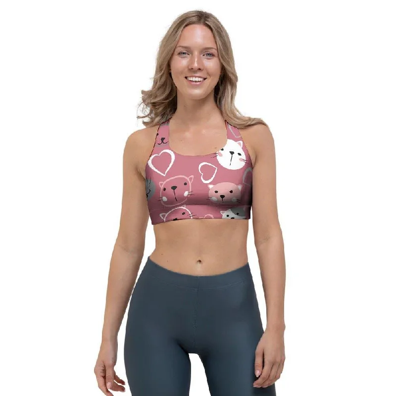 Pink Cat Face Print Sports Bra Seamless Push-Up Bra