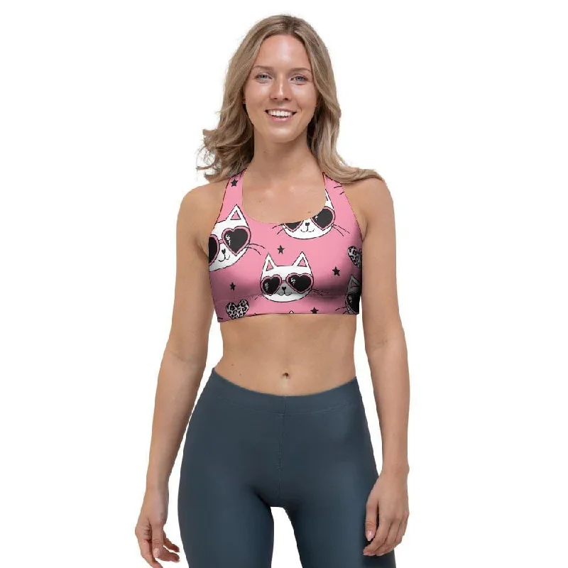 Pink Cat Print Sports Bra Soft Padded Bralette