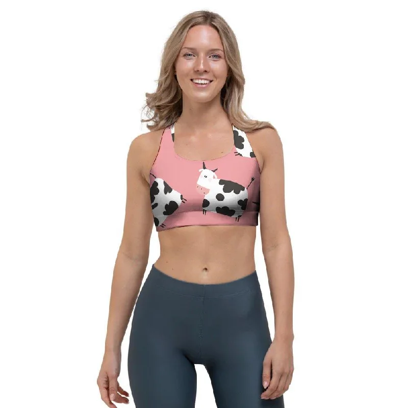 Pink Cow Pattern Print Sports Bra Push-Up Wireless Bra